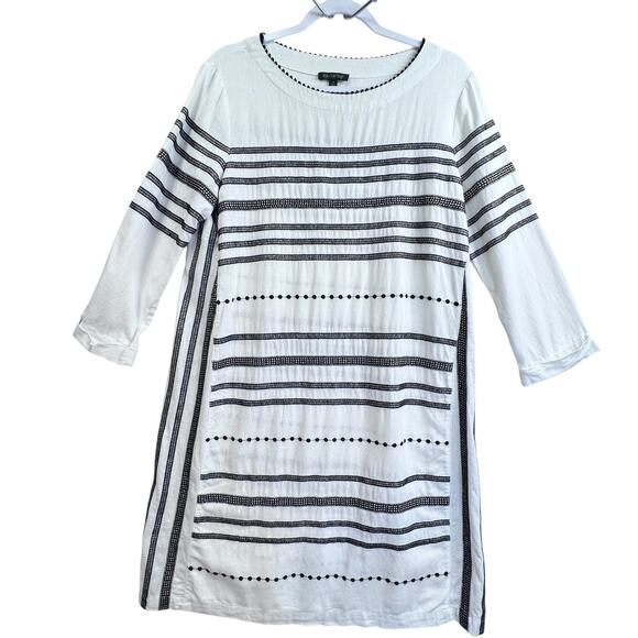 FOR CYNTHIA Embroidered Linen Shift Dress White Black S Long Sleeve Pullover - Picture 1 of 7